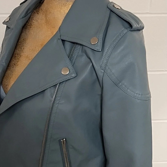 Blue Faux Leather Bomber Moto Jacket Small Silver Hardware - Picture 4 of 11